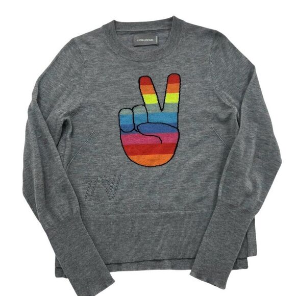 Zadig & Voltaire Rainbow Peace Sign Crewneck Cashmere Sweater Grey Size XS - Picture 4 of 10